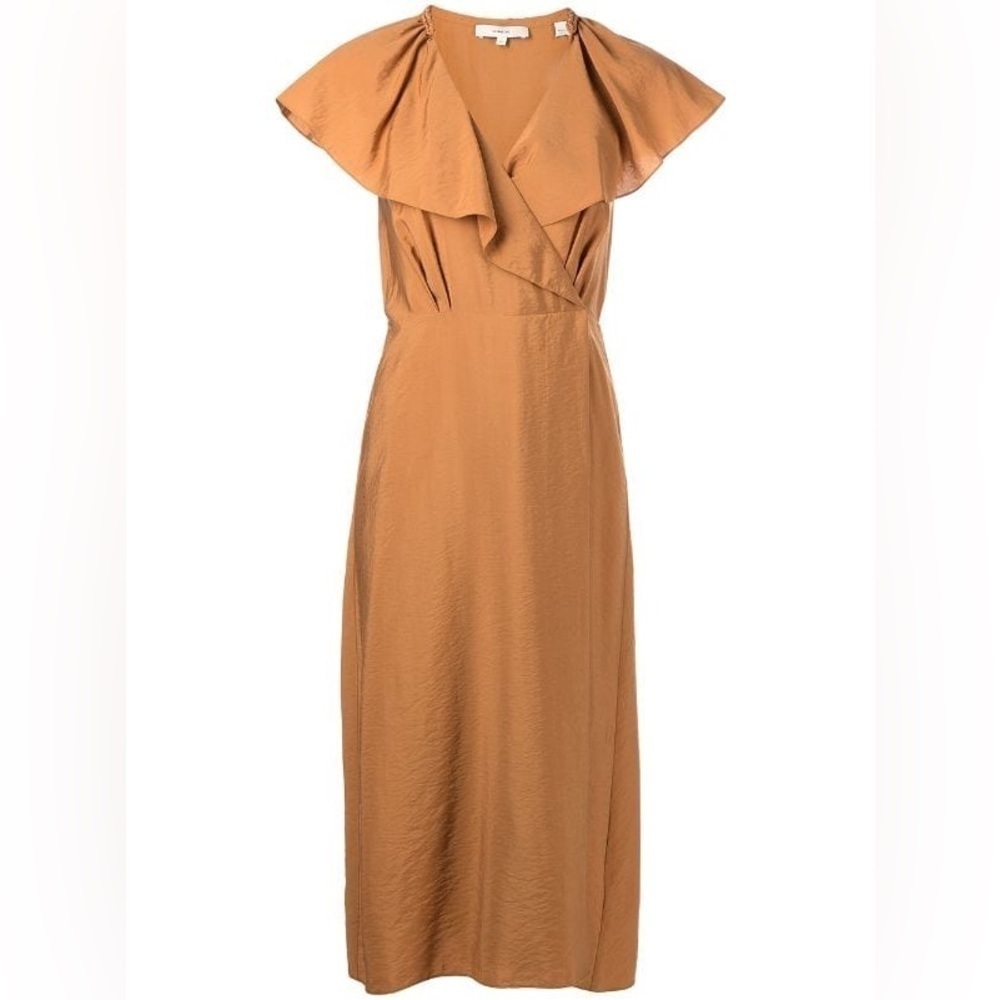 Vince ruffled true wrap midi dress viscose blend mustard color size XS